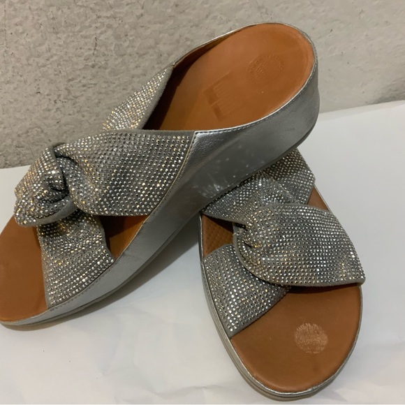 Fitflops TWISS Gold Rhinestone Bling Glitter Brown Leather Twist Platform Slid - Picture 4 of 9